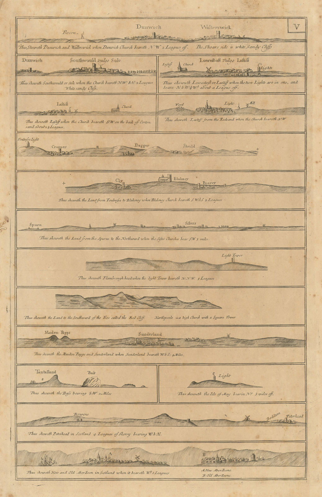 GB EAST COAST PROFILES. Norfolk Sunderland Aberdeenshire. COLLINS 1693 old map